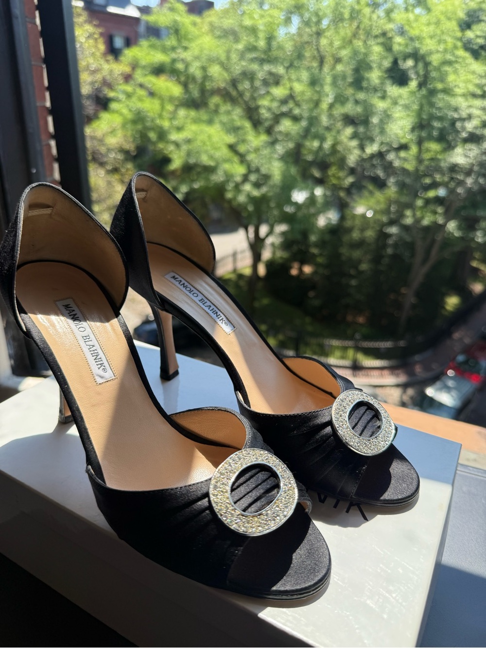 Manolo Blahnik Black Satin D'Orsay Heels with Crystal Round Accent